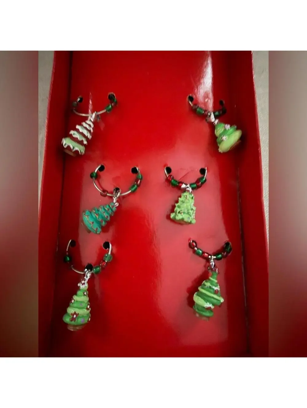 Boston Warehouse Christmas Festive Tree Wine Charms Decorations NIB _ set of 2